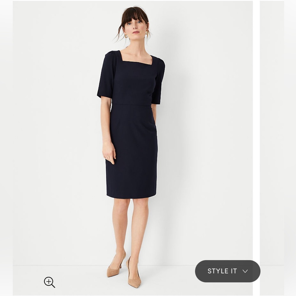❌SOLD❌ Ann Taylor Elbow Sleeve Square Neck Dress in Seasonless Stretch,Navy Blue